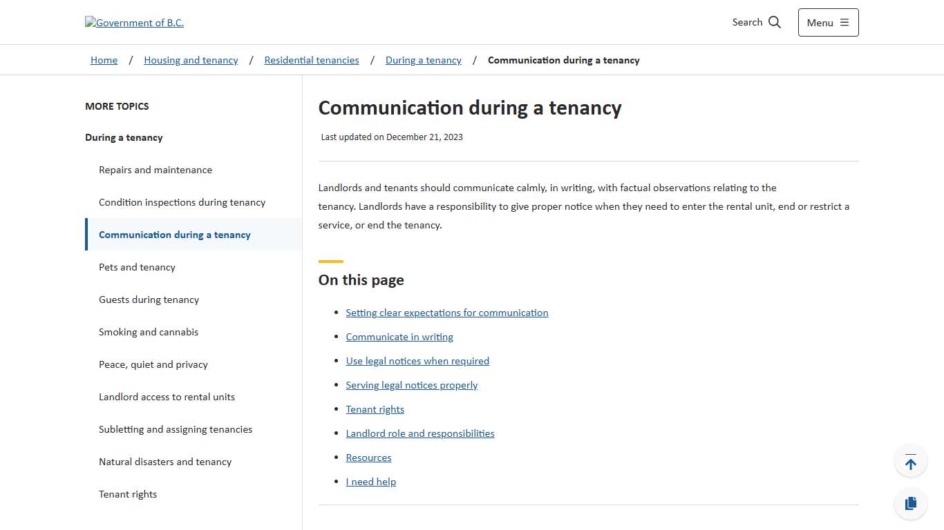 Communication during a tenancy - Province of British Columbia